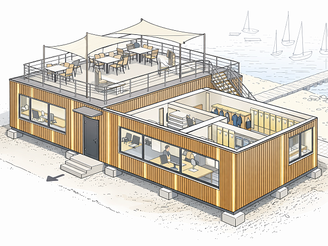 Модульный павильон для яхтенного клуба из морских контейнеров - временное здание без капитального строительства